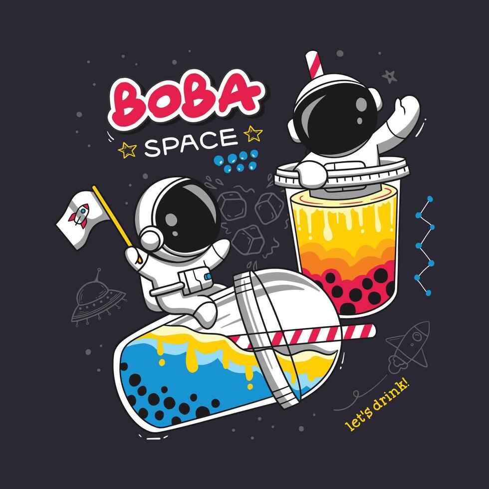 juguetón dibujos animados de astronautas con boba té flotante en exterior espacio vector