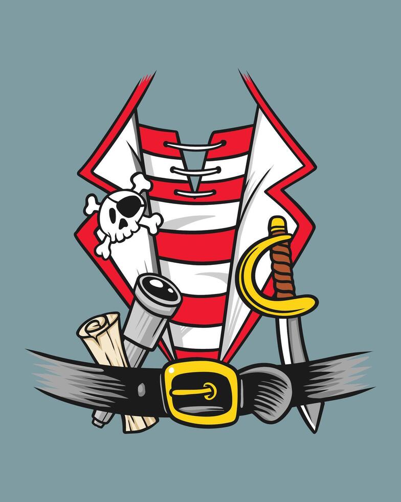 Stylized vector illustration of a classic pirate costume with accessories on a gray background