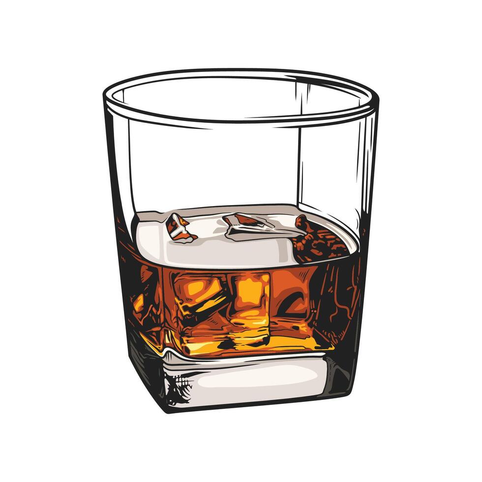 Vector illustration of a glass of whiskey with ice cubes, isolated on white