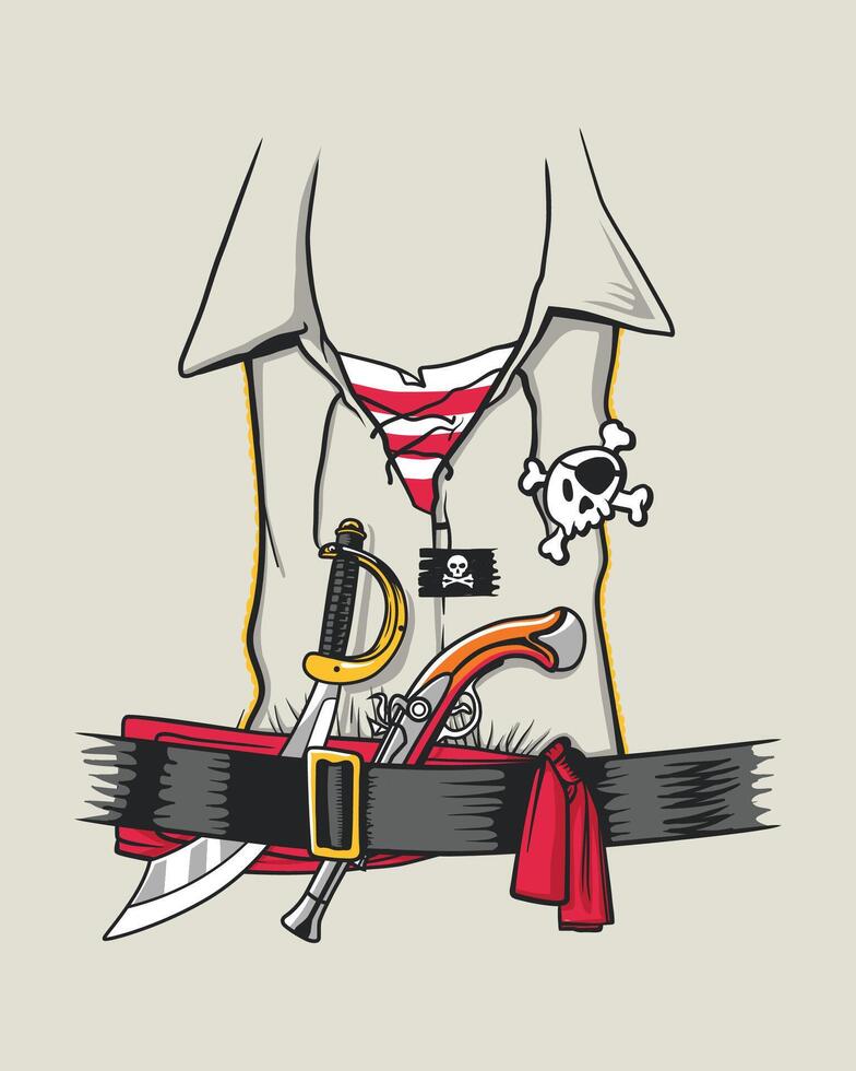 dibujos animados pirata disfraz ilustración. completar con espada. cinturón. y alegre Roger cráneo y huesos vector