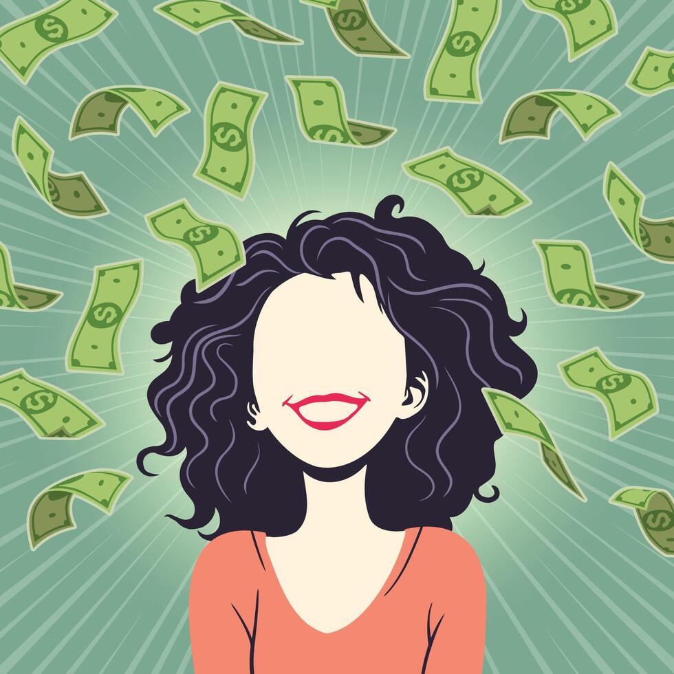 ilustración de un sonriente mujer con dinero lloviendo abajo en un verde antecedentes vector