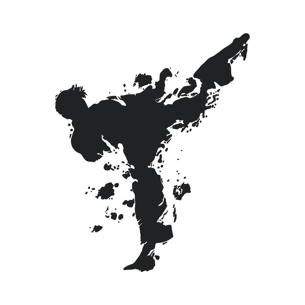 A high kick and a striking silhouette in a black and white martial art illustration vector