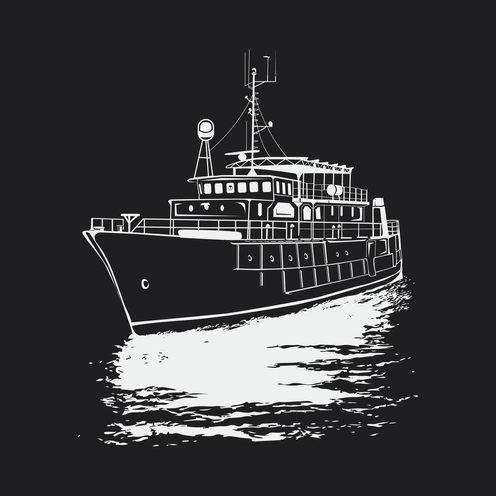un detalle ilustración de un clásico Embarcacion navegación en calma aguas vector línea Arte