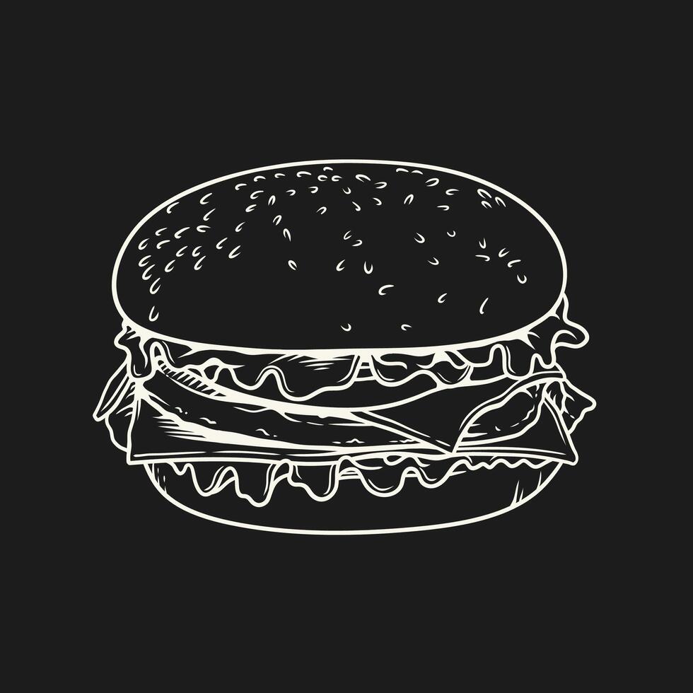 Hand-drawn burger illustration on black background vector