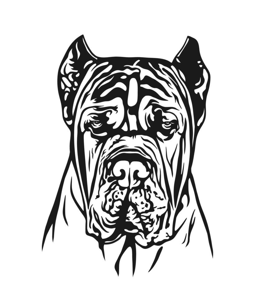 A detailed dog headshot in black and white vector art.