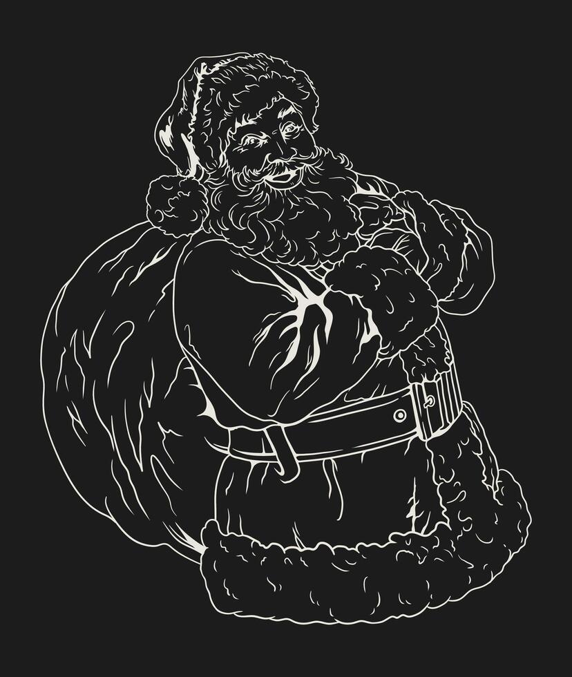 A black and white Santa a huge sack of gifts. Vector line drawing