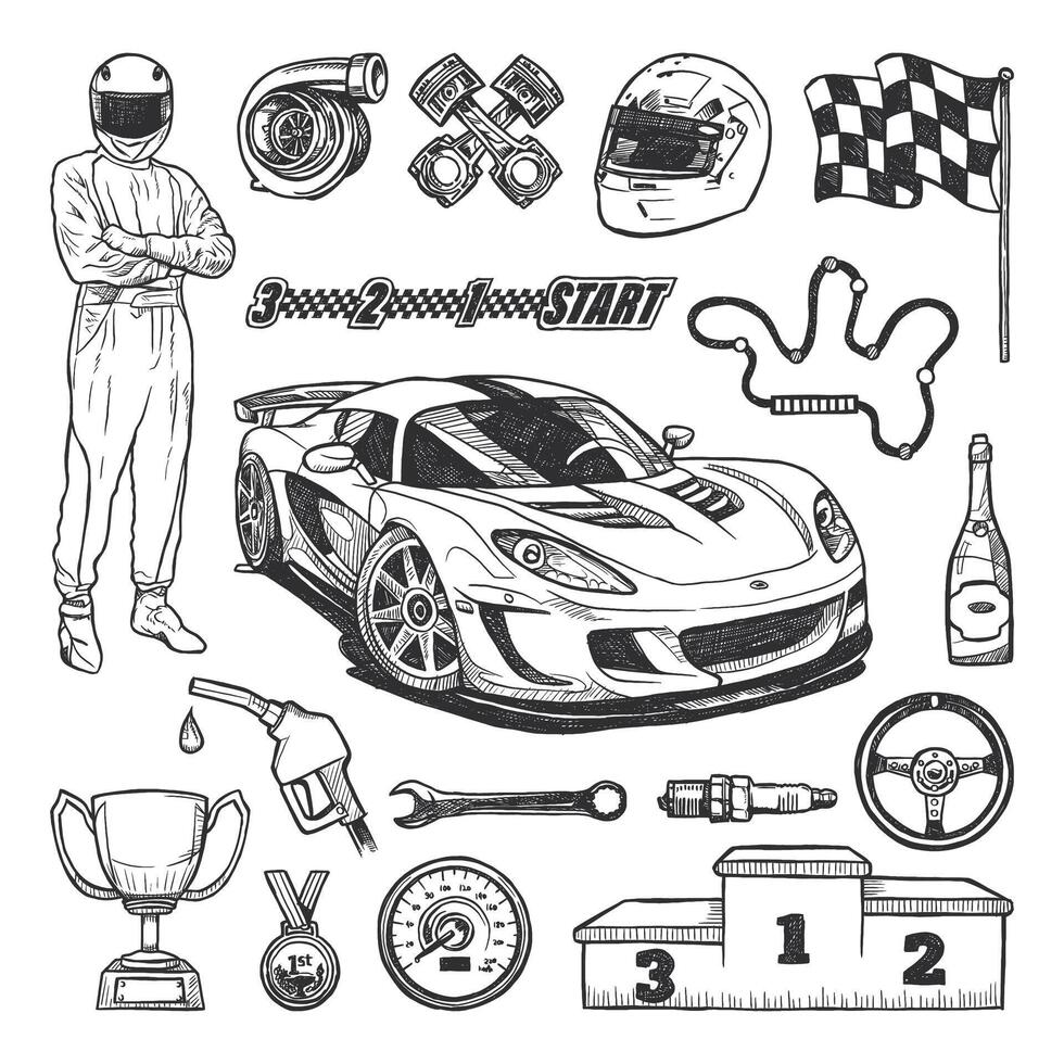 carreras icono conjunto con coche y accesorios mano dibujado ilustraciones vector