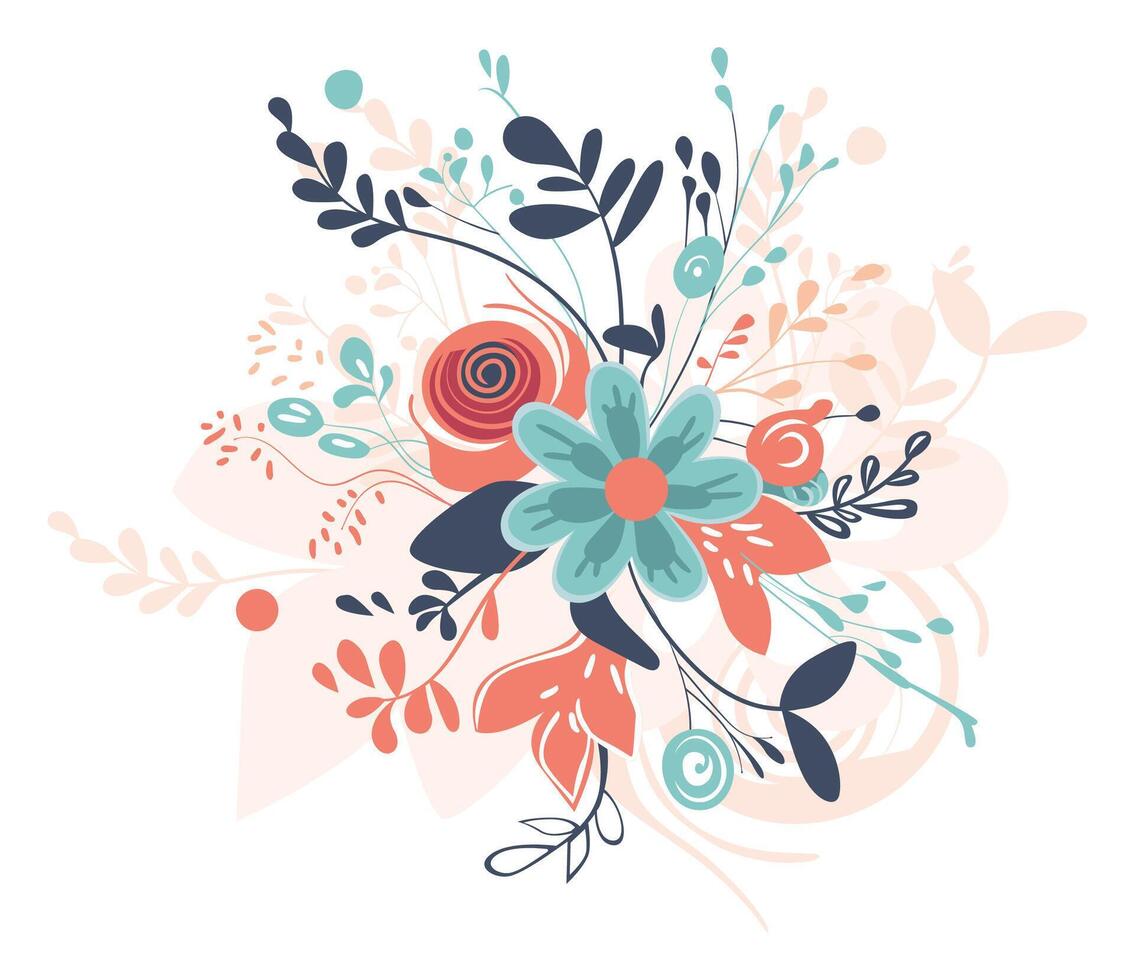 Flowers and leaves. Rustic bouquet. Vector illustration.