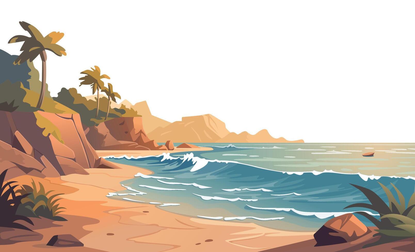 Sea beach, rock islands in water and clouds in blue sky. Vector cartoon summer landscape of ocean shore, mountains, green grass and palm trees on sand beach. Seascape panorama