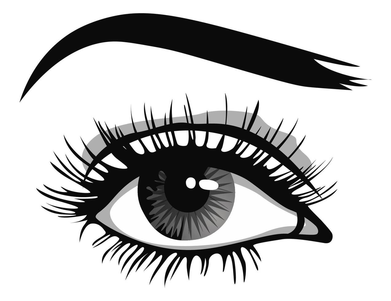 Beautiful female eyes with big lashes and eyebrows. Eyeliner glamour makeup. vector