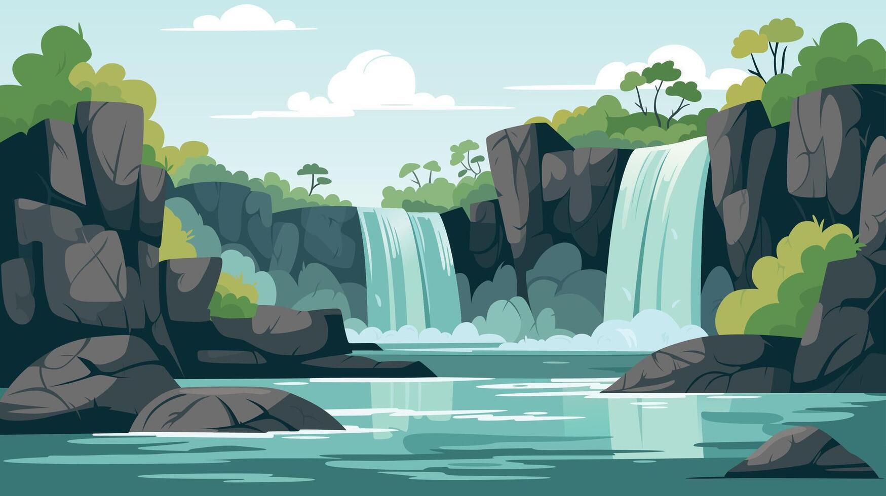 Cartoon Waterfall Landscape Background Card Poster Flat Design Nature Scene Adventure Travel. illustration vector