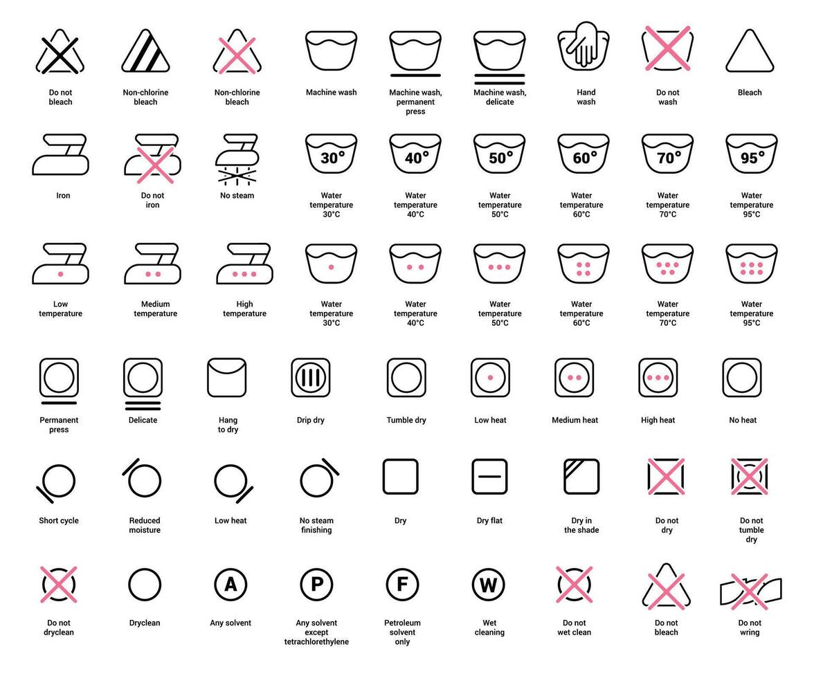 Laundry icons. Care clothes instructions on labels, machine or hand washing signs. Water, ironing and drying temperature symbols collection, textile and fabric types. Vector line items isolated set