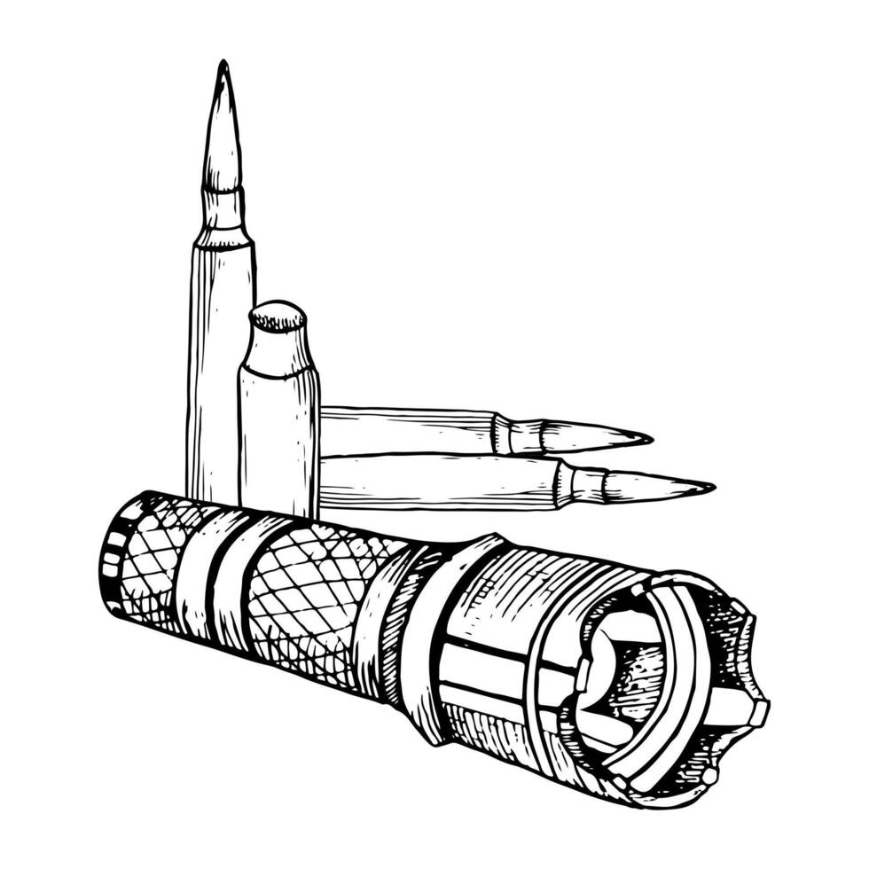 Tactical military flashlight and bullets for rifles black and white vector illustration. Army soldier equipment ink sketch
