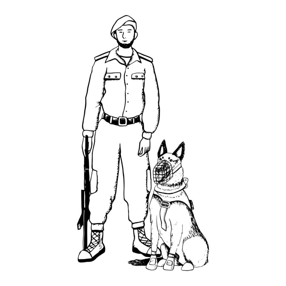 negro y blanco soldado tomando juramento con k9 perro vector gráfico ilustración para patriótico militar diseños