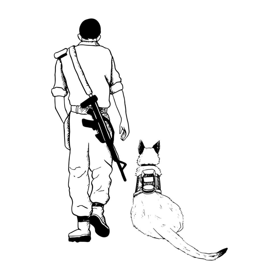 Laying K9 dog and walking soldier back view vector illustration. Israel Oketz special forces German shepherd or belgian malinois black and white drawing for patriotic Remembrance day designs.