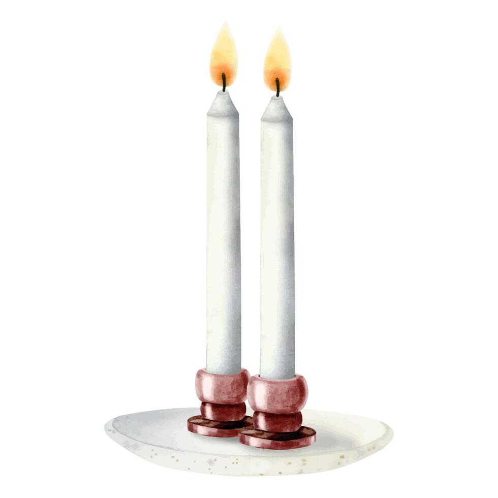 Shabbat Shalom burning candles for Saturday eve. Traditional jewish celebration of Sabbath. Watercolor vector illustration