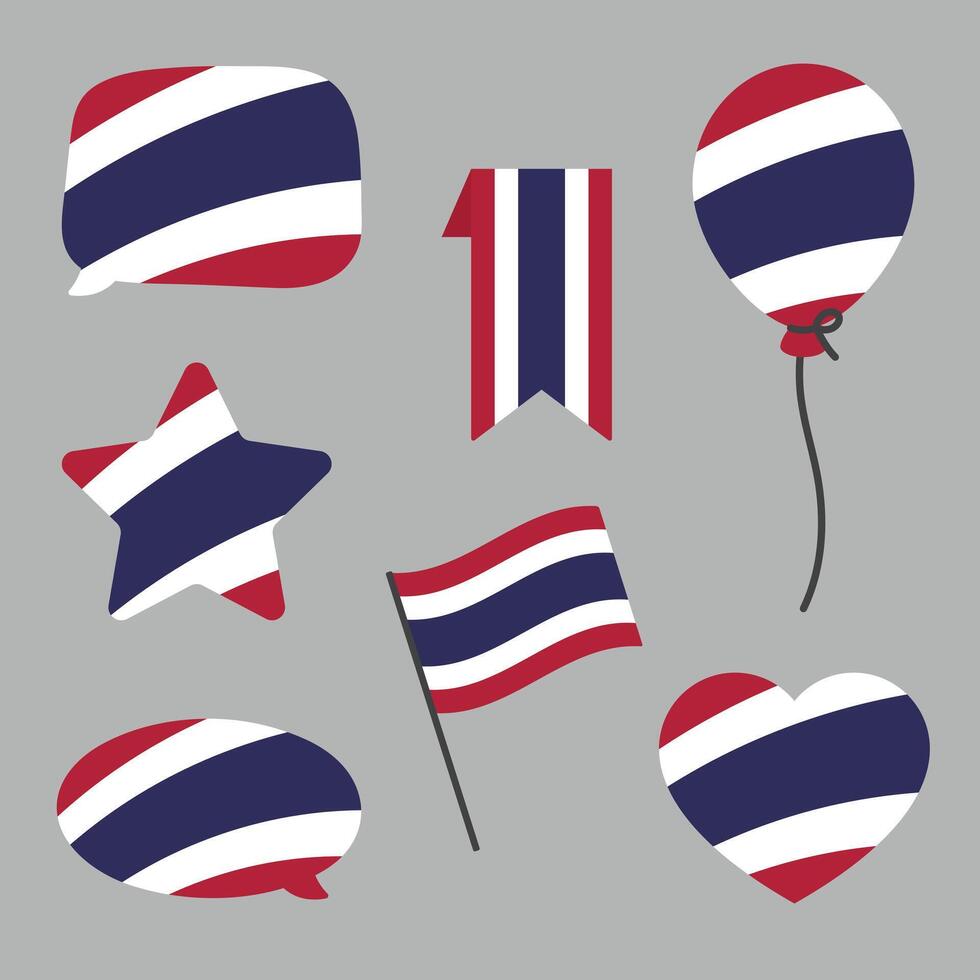 Red, white and blue colored heart, speech bubble, star, balloon icons, as the colors of Thailand flag. Flat vector illustration.