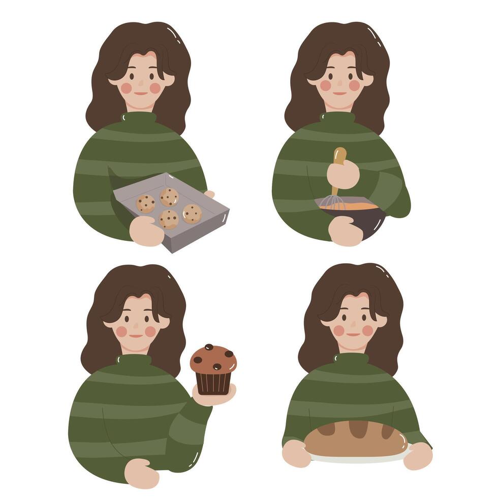 Vector illustration of a girl wearing a hat. Holding candy. Drinking water. Isolated color background.