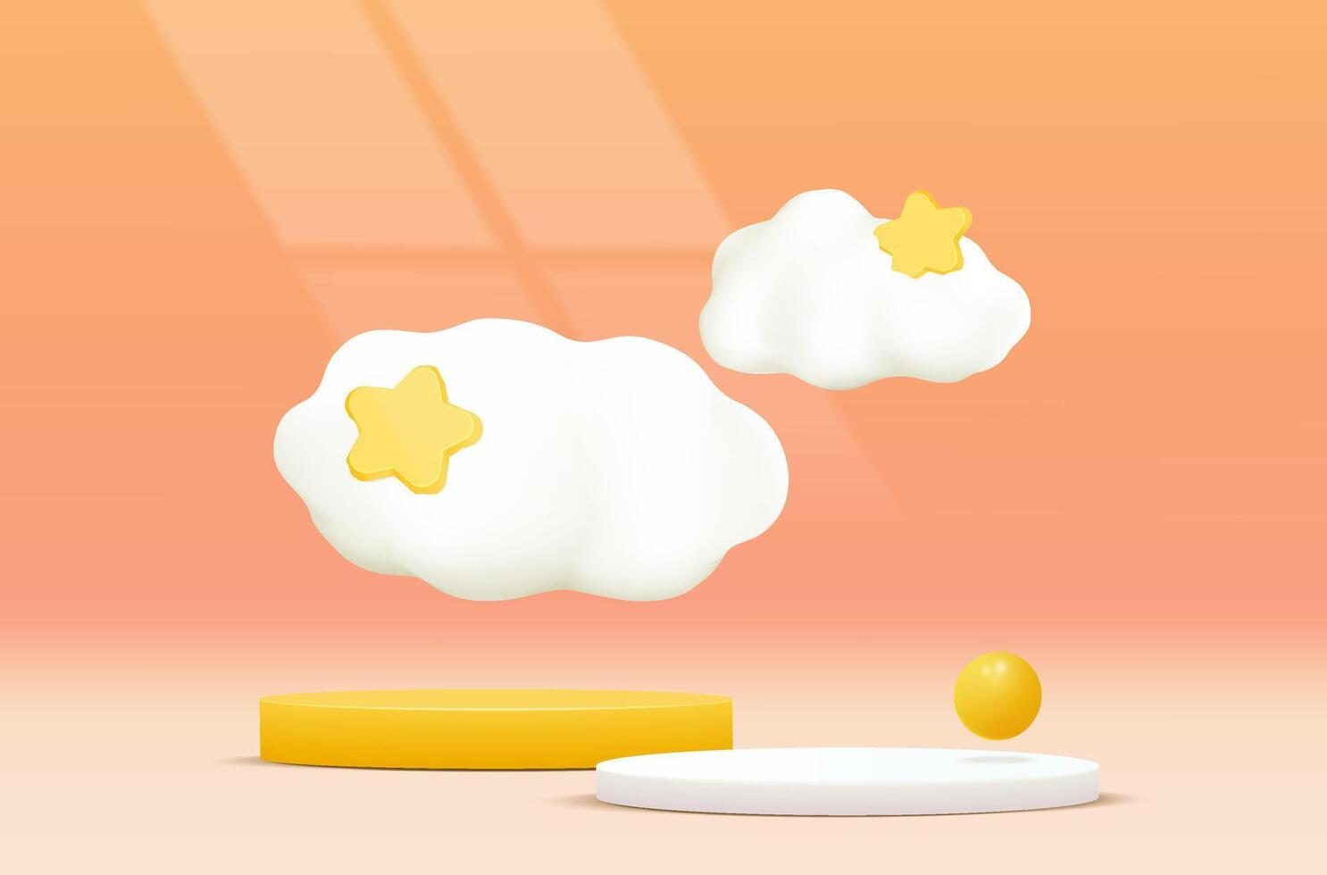 Realistic white and yellow 3D cylinder pedestal podium with cloud. Minimal scene for products stage showcase, promotion display. Vector geometric platform. Abstract room design.