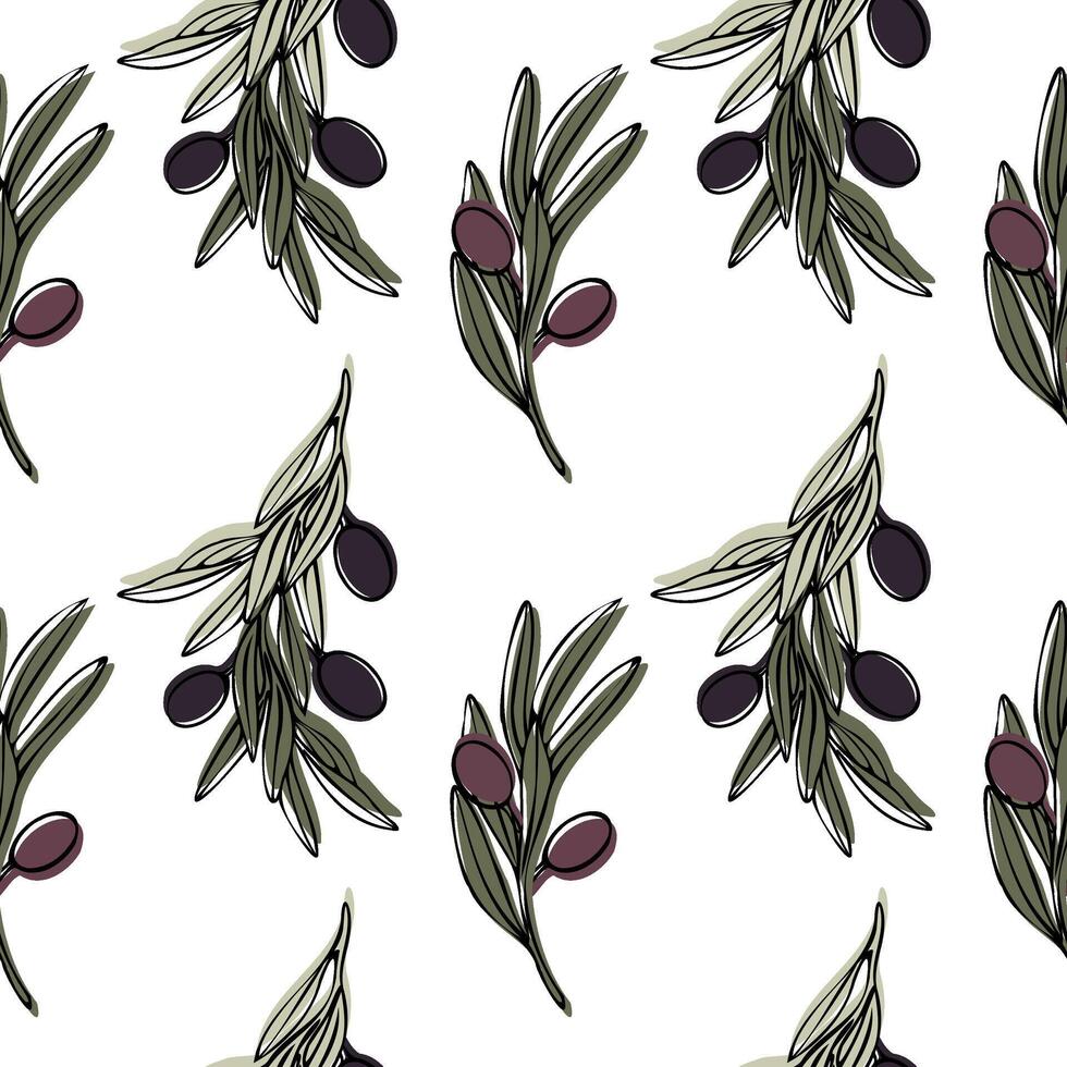 Vector seamless pattern with olive tree branch, leaves and olives fruit. Hand painted outline floral illustration with color background for kitchen fabric design, packaging, wallpapers, print