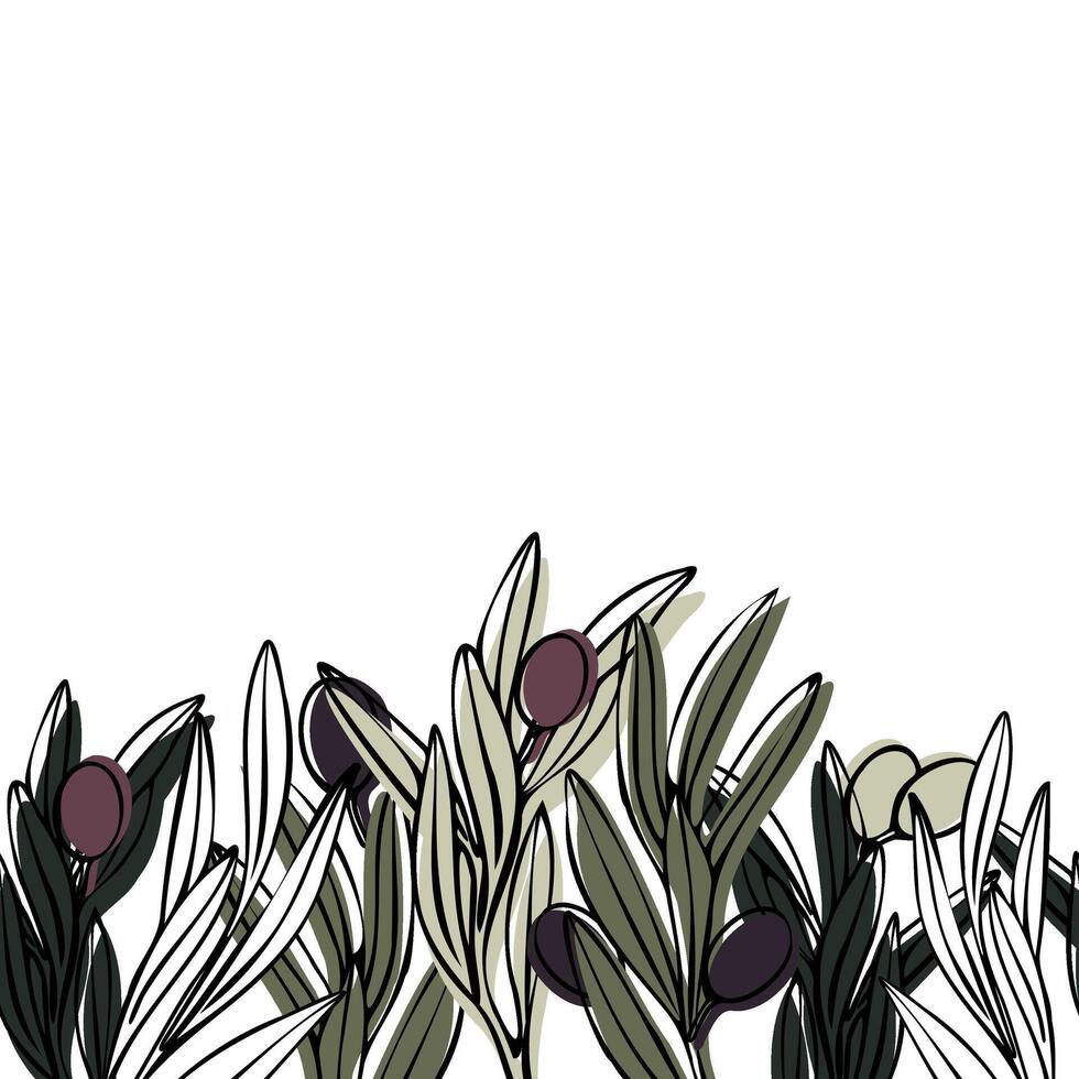 Vector seamless border with olive tree branch with leaves and olives fruit. Hand drawn outline floral illustration with color background for logo, package design, greetings, wallpapers, print, fabric