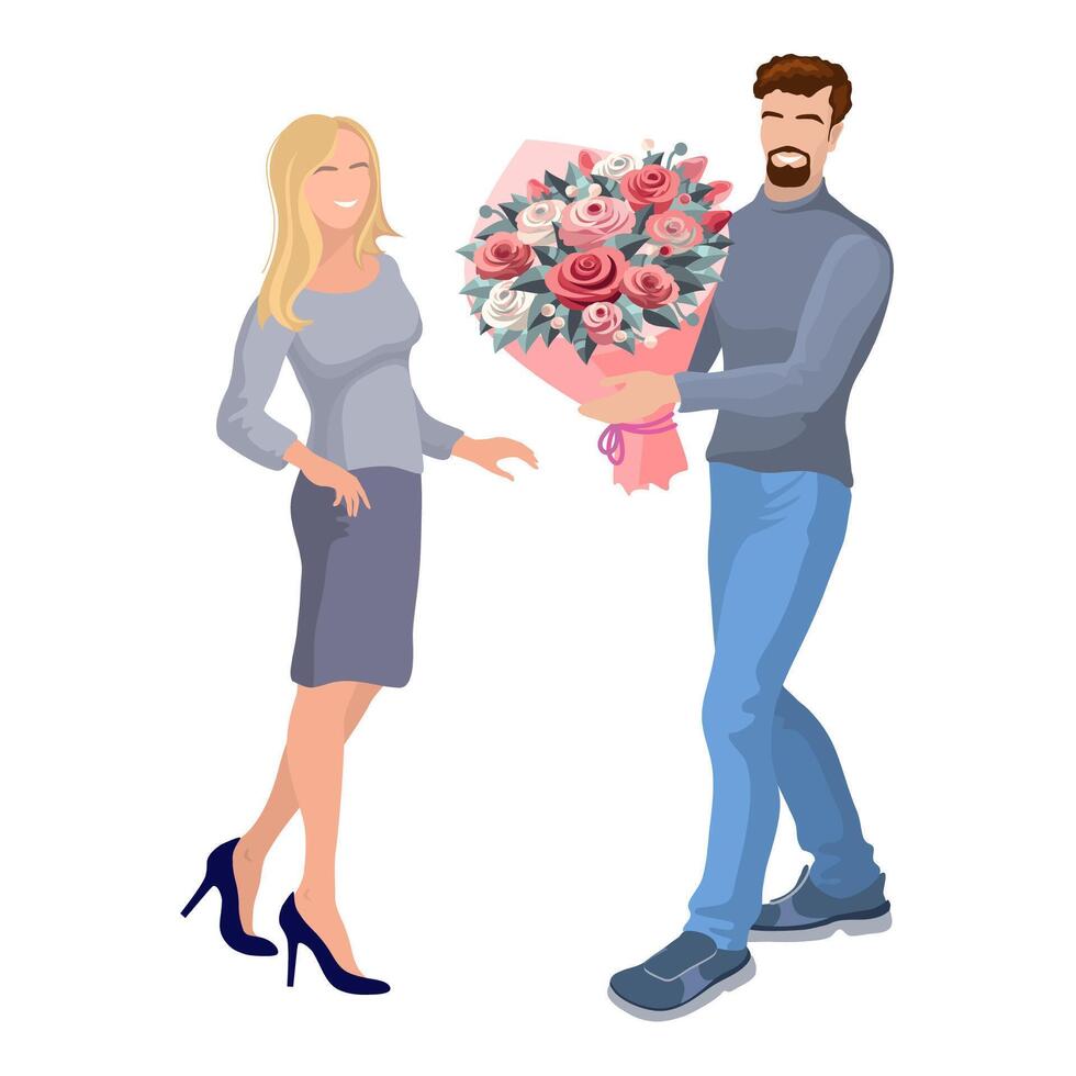 un hombre con un ramo de flores y un muchacha. isométrica vector. vector