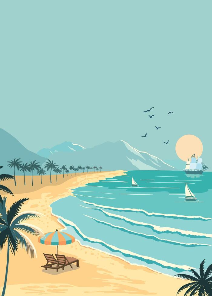 playa antecedentes con mar, arena, cielo.ilustración vector para a4 página diseño