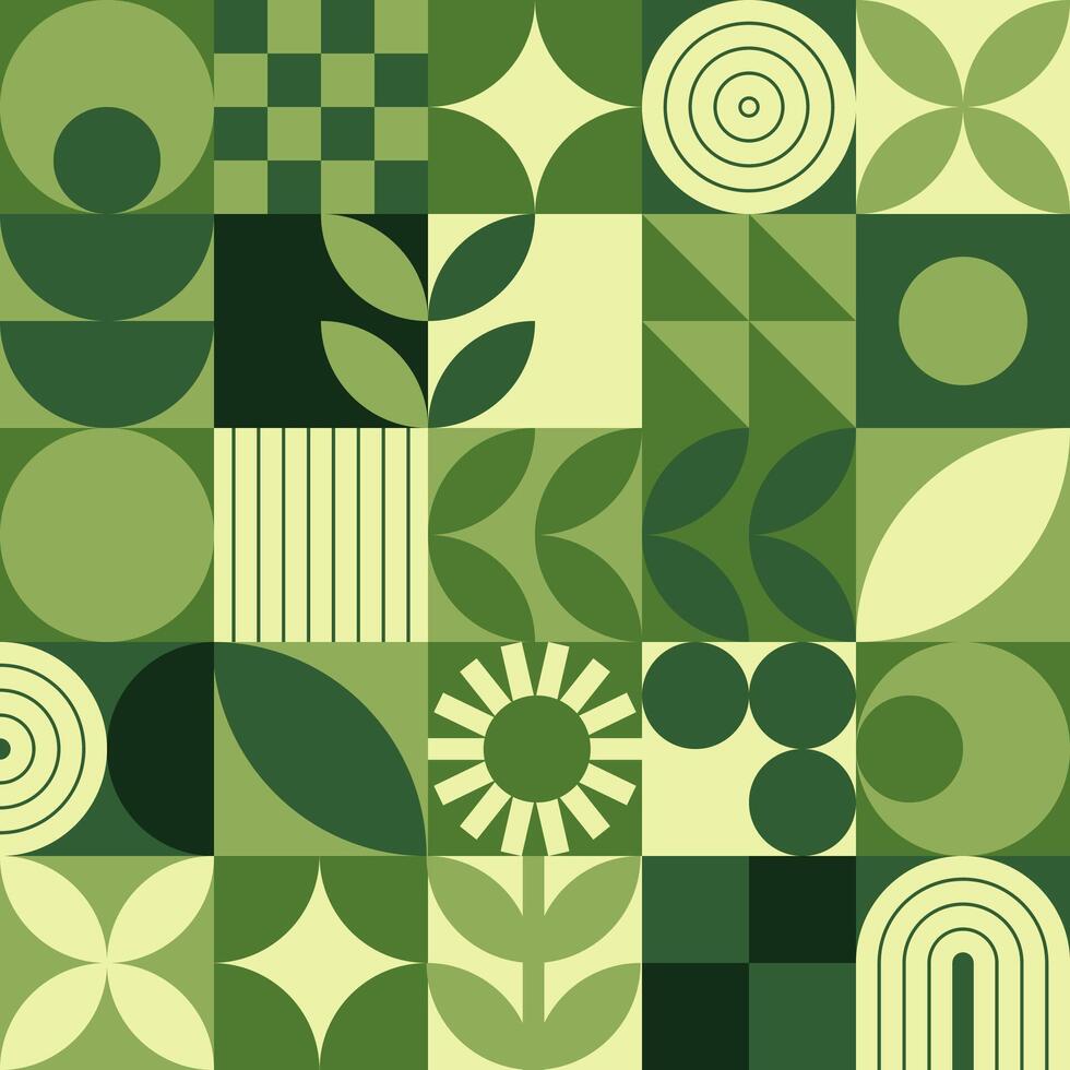 Seamless geometric green eco pattern with plant elements vector