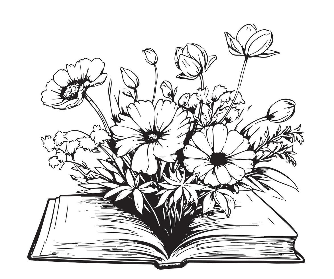 Open Book with Flowers Inside, Hand Drawn Sketch Illustration vector