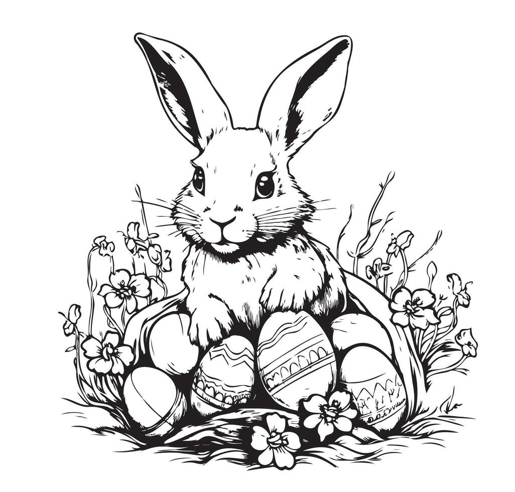 Rabbit with easter eggs illustration, drawing, engraving, line art vector
