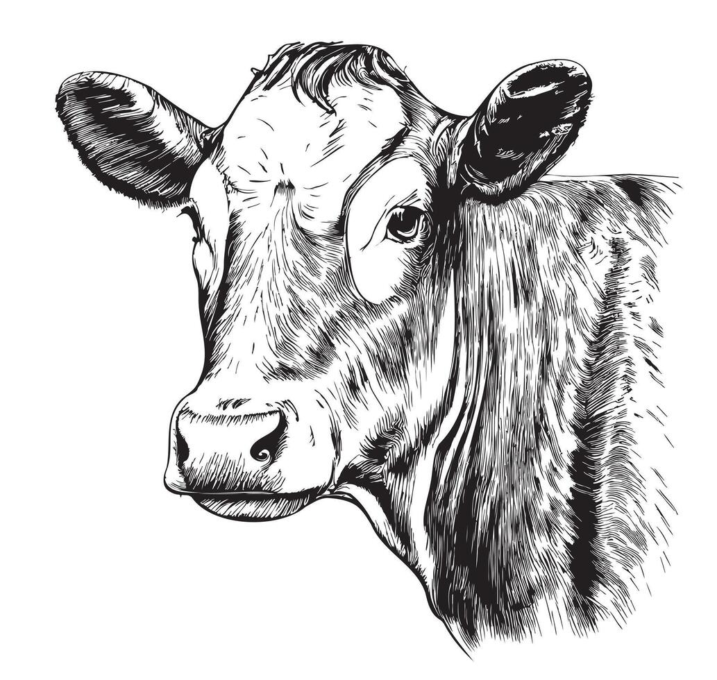 Cow face detailed hand drawn sketch Vector illustration Farming