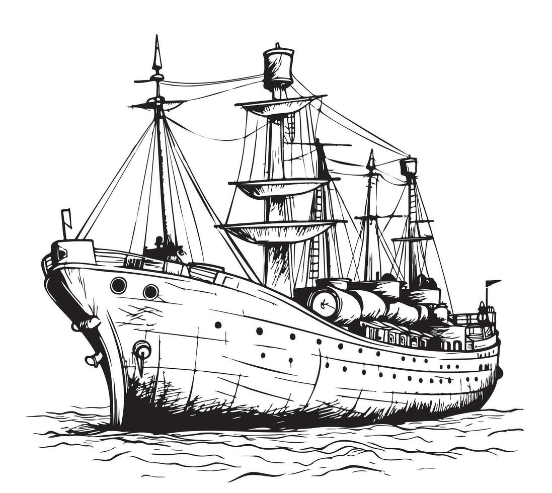 Retro ship sketch hand drawn engraving style Vector illustration