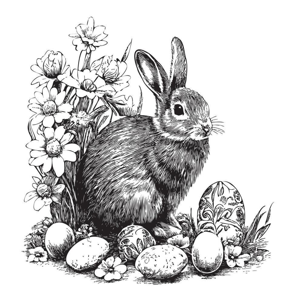 Easter bunny in flowers and with eggs hand drawn sketch in doodle style Vector illustration