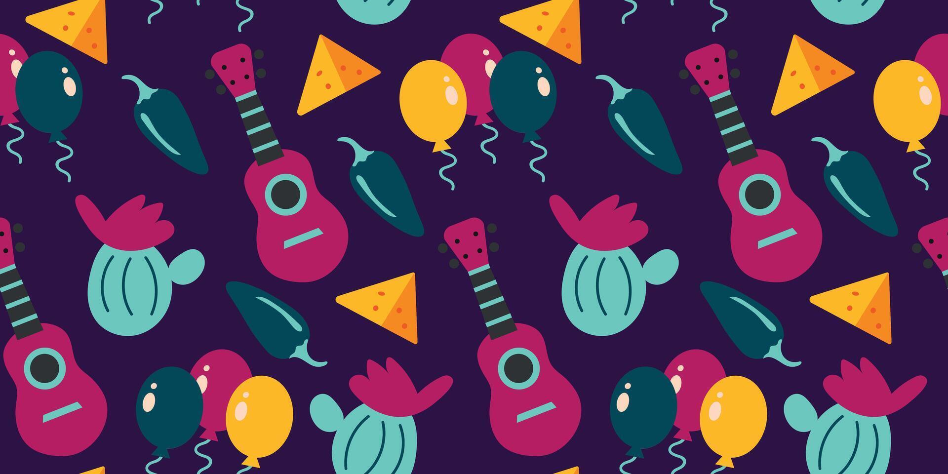 Seamless Cinco de Mayo vector pattern background with jalapeno, guitar, cactus and nachos