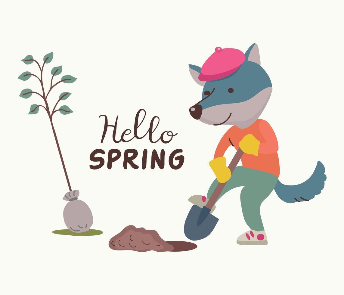 lobo plantando árbol en primavera vector ilustración
