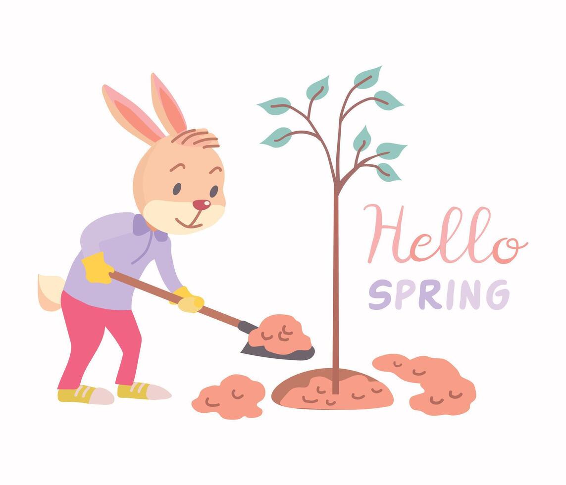 Rabbit planting tree in spring vector illustration