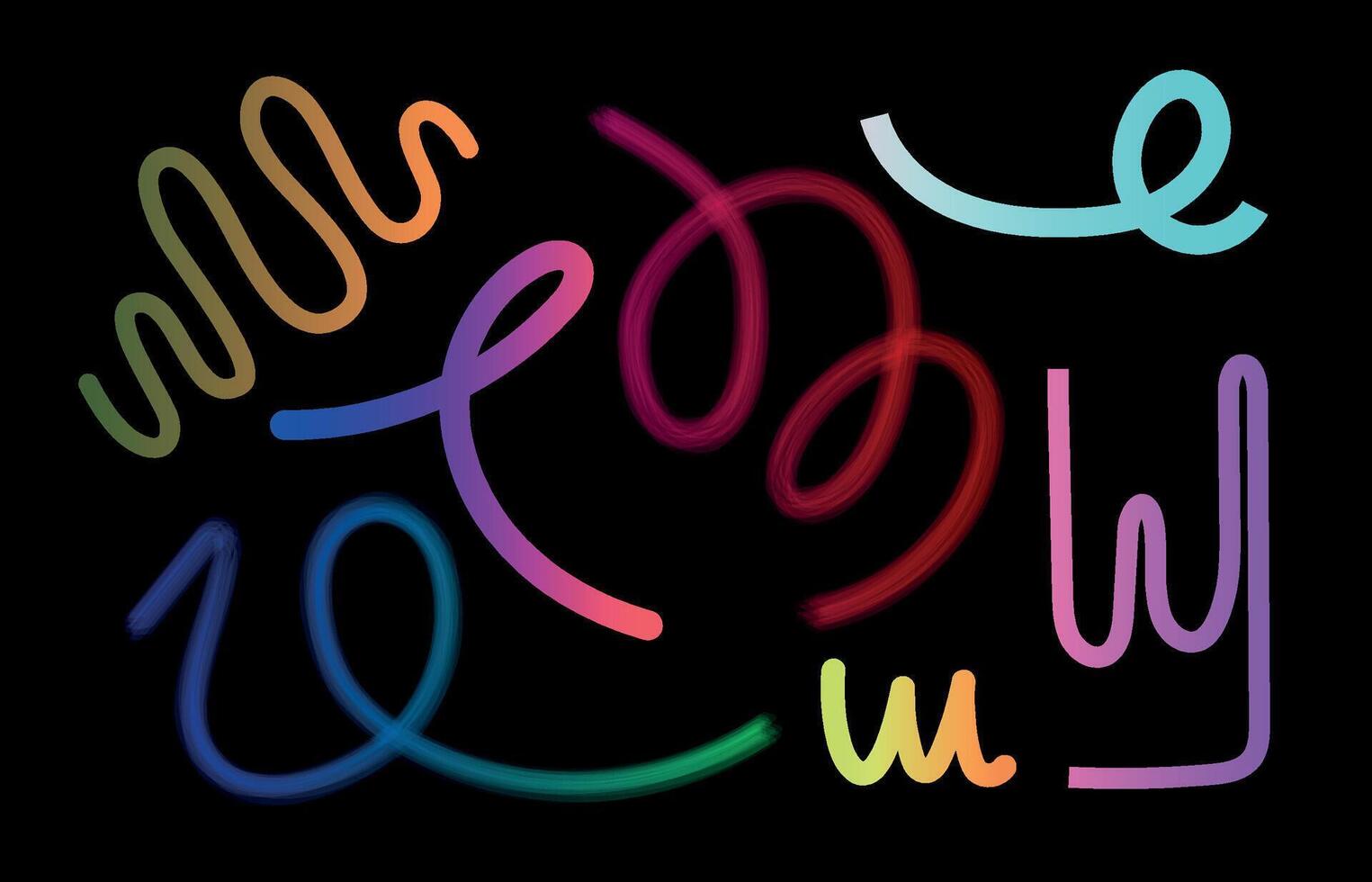 Set of abstract gradient color handwritten lines strokes spirals vector