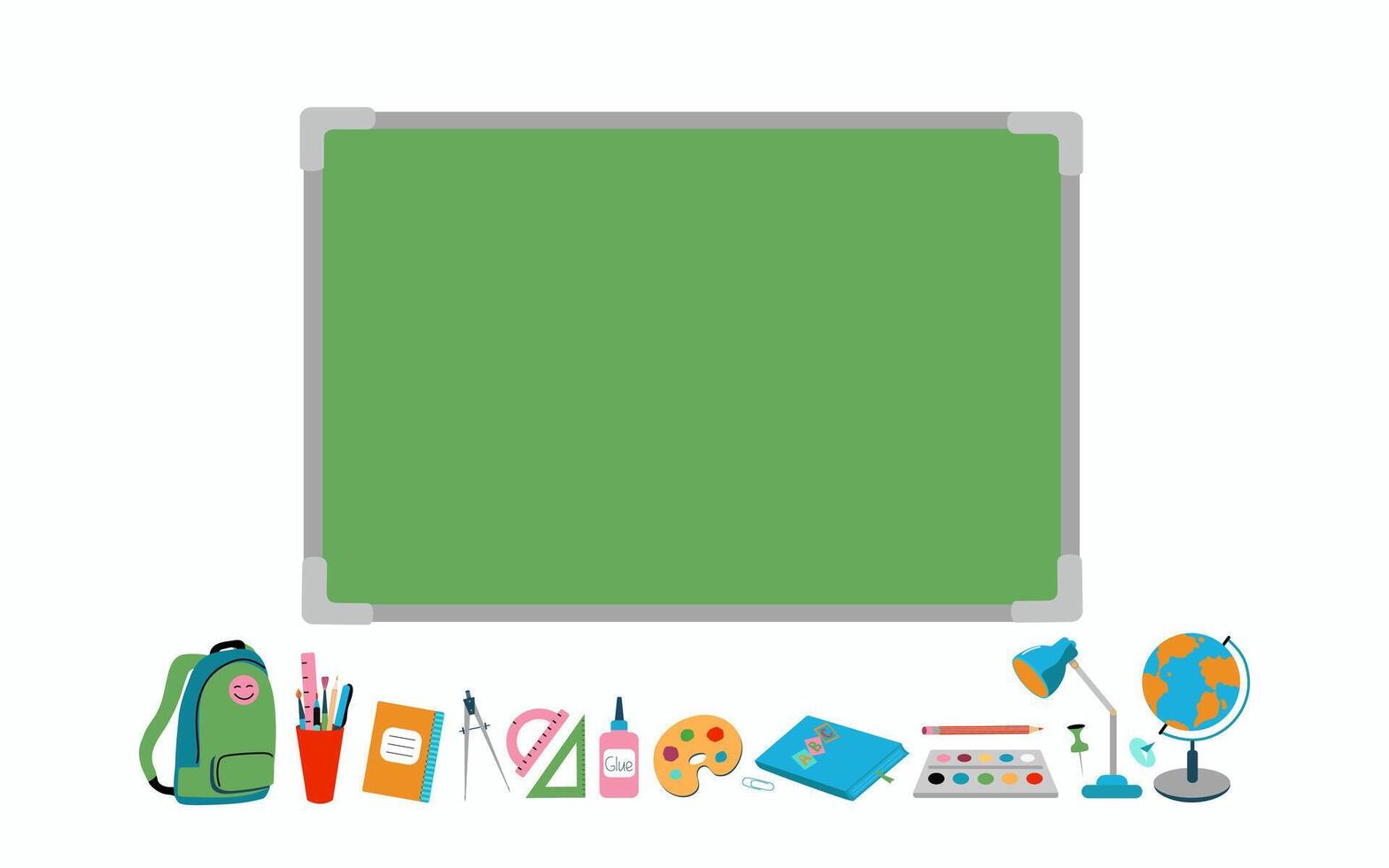 Stationery, accessories for study, schools. School board with place for text. Set of supplies for study, education. Information banner. Color vector illustration. Background isolated.