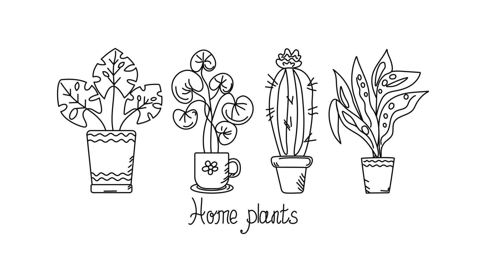 Home potted plant. Doodle, drawing. Linear icons flowers, cacti, leaves. Vector illustration with hand lettering. Black and white illustration, background isolated.