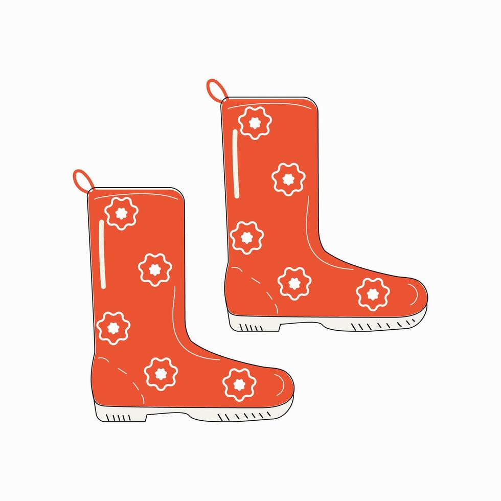 Boots rubber waterproof for gardening, hunting, fishing, doodle. Rainy season. Waterproof galoshes. Vector graphic.