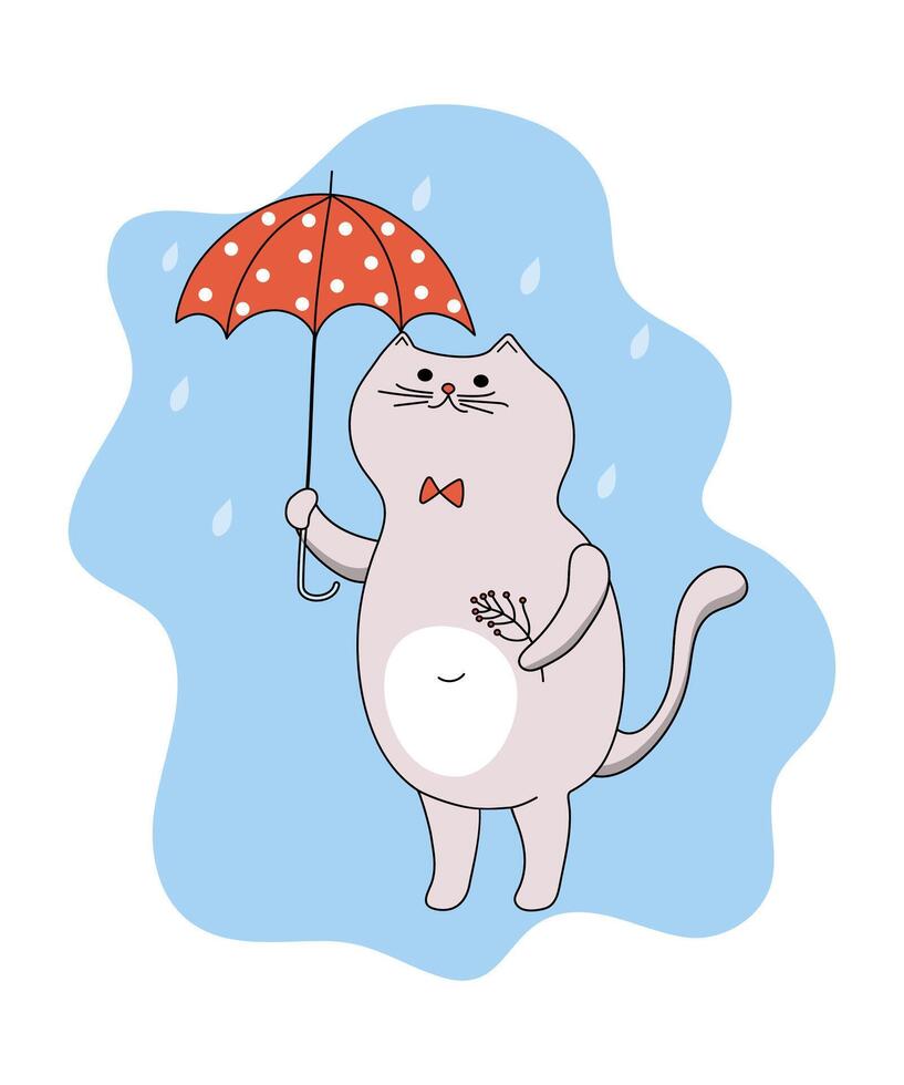 Cute cat with an umbrella walks in the rain. Cartoon pet, doodle drawing. Fat kitten. Raindrops. Vector illustration, background isolated.