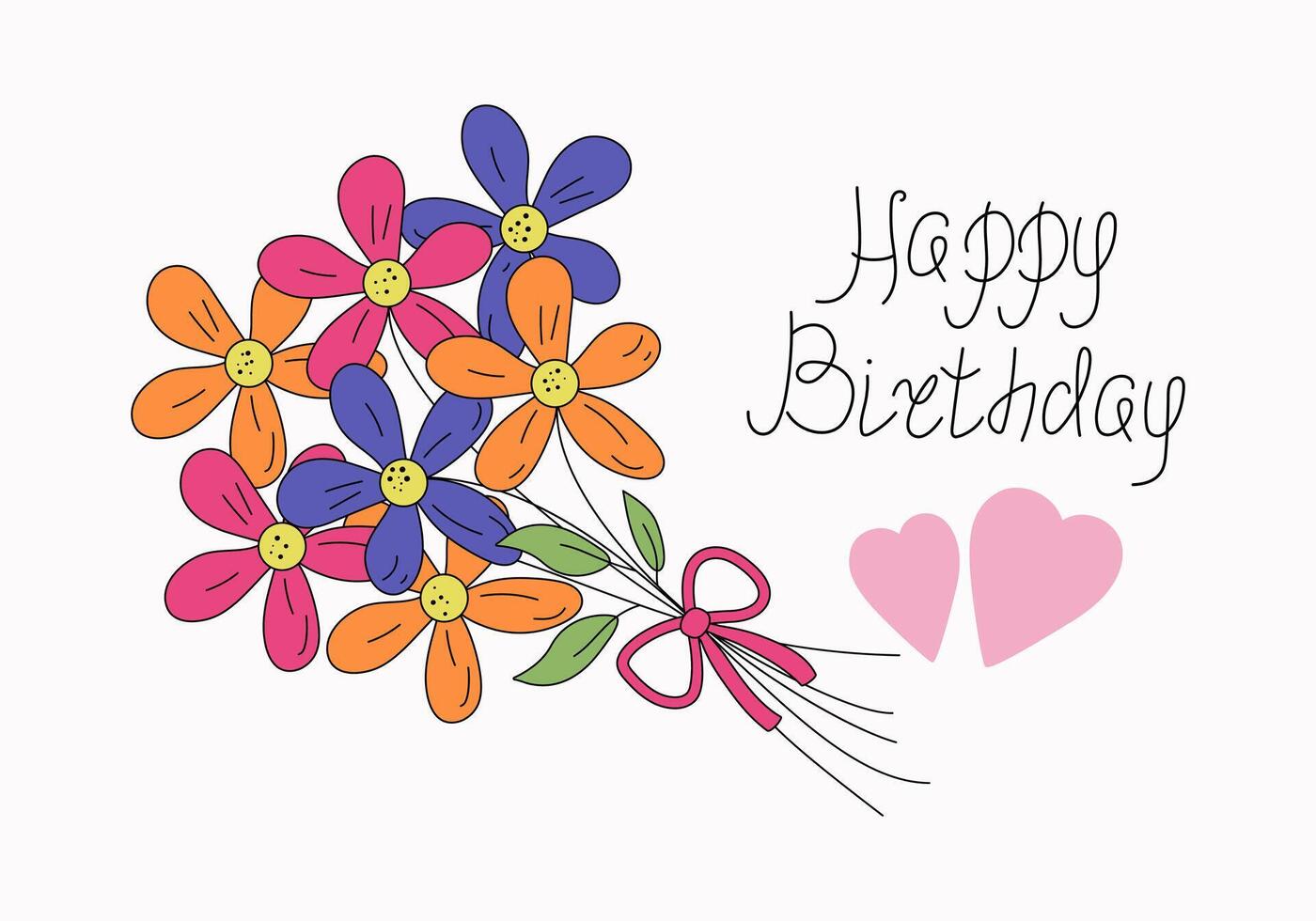 Bouquet, flowers. Birthday. Congratulations postcard. Lettering, calligraphy doodle. Linear drawing of chamomile, meadow flower. Vector illustration.