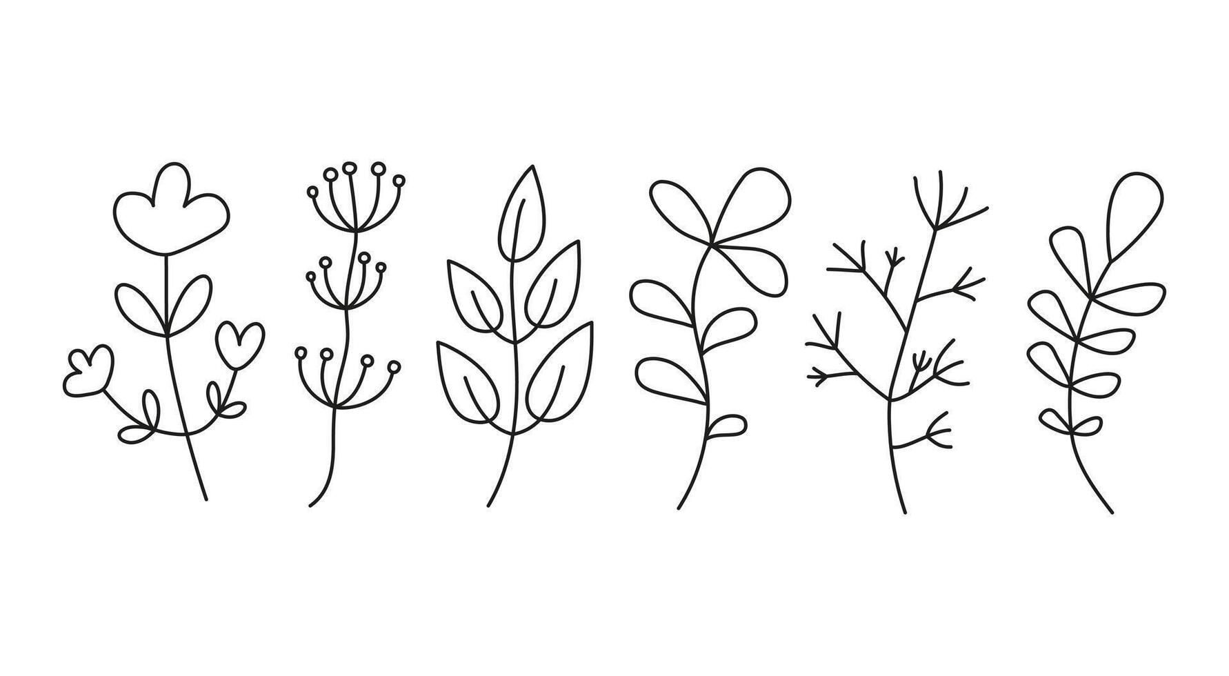 césped, planta. flor, hoja. resumen flores garabatear, bosquejo, sencillo dibujos, lineal iconos vector