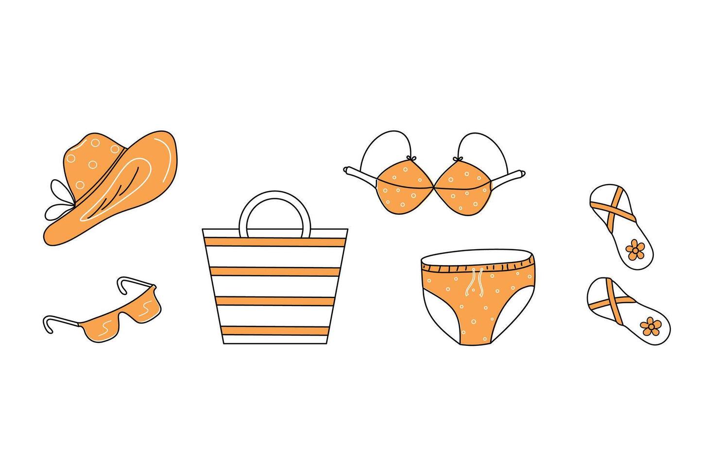 un conjunto de playa iconos dibujos, garabatear de playa accesorios. recopilación, conjunto de ropa para verano vacaciones, vacaciones, fiestas a mar. vector