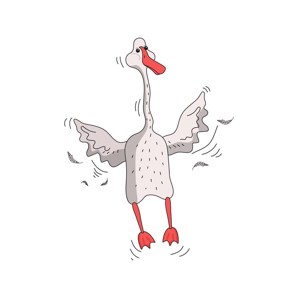 Cute white geese. Funny goose flying cartoon bird. Drawing of a simple goose and feathers. Vector flat illustration, isolated background.