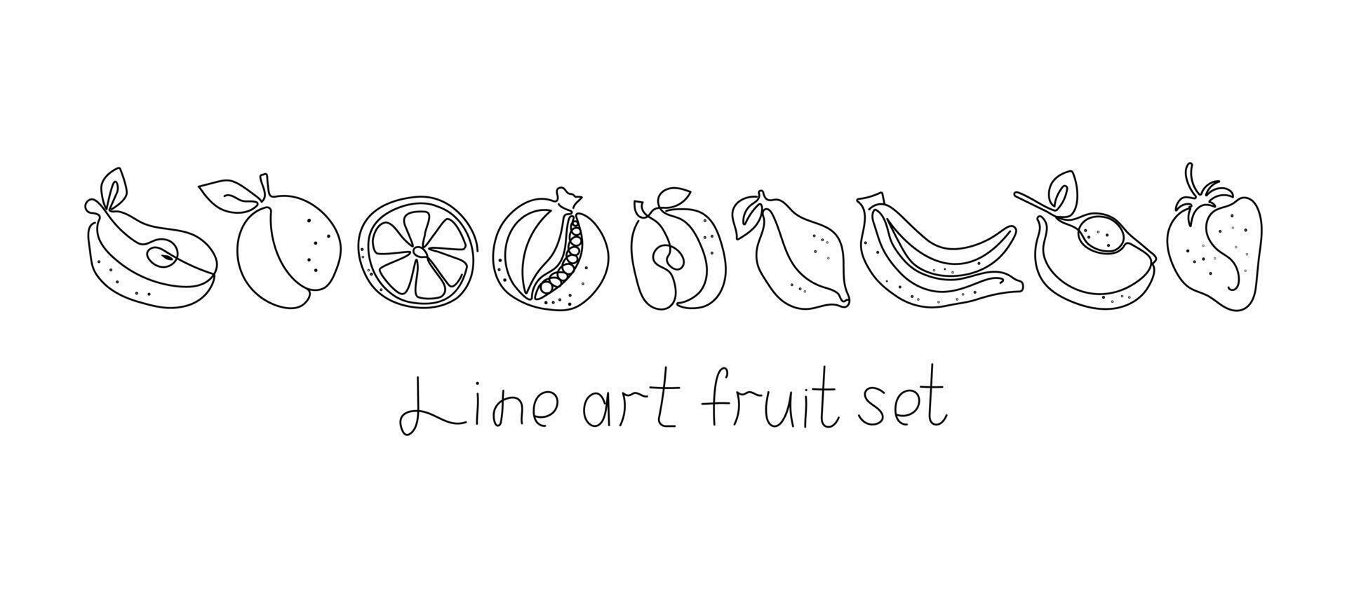 Set of abstract fruits. One line drawings. Outline icons. Hand lettering. Vector graphics. Isolated background.