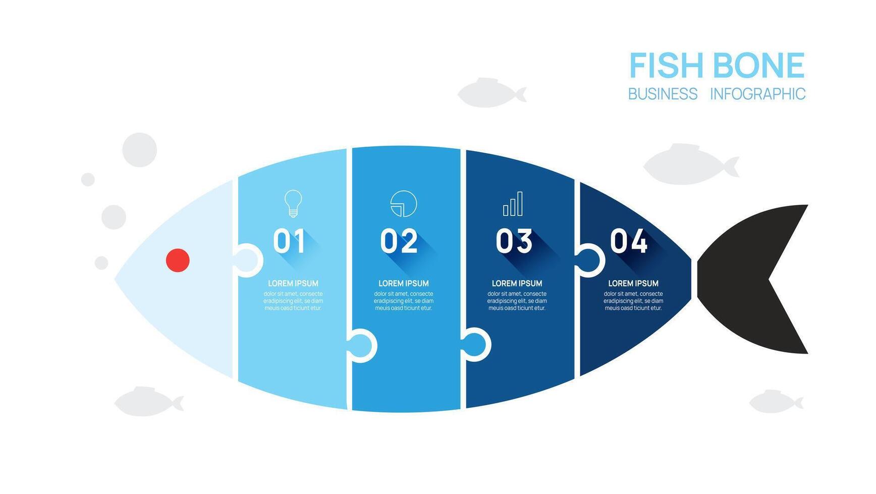 infografía pescado hueso diagrama rompecabezas modelo para negocio. 4 4 paso, digital márketing datos, presentación vector infografía.