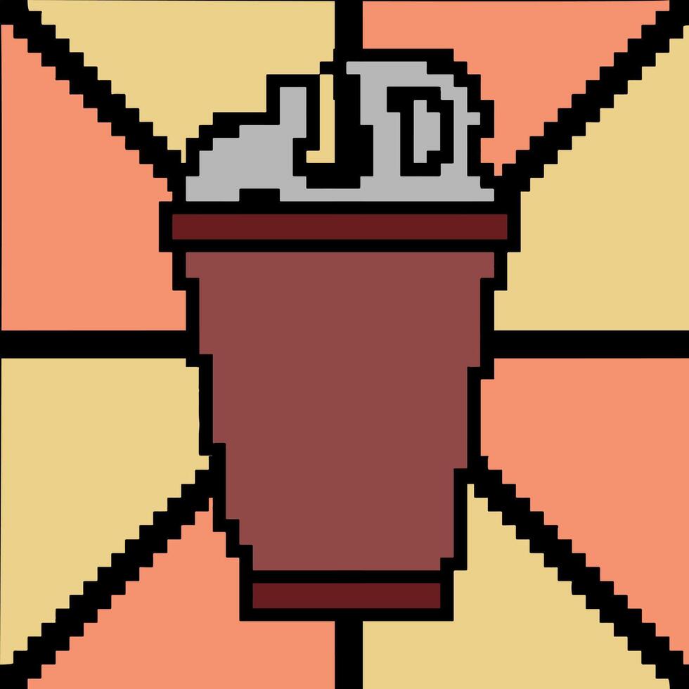 Coffee cup illustration with pixel art style background.  The vector is suitable to use for coffee drink sign and drink pixel art poster.