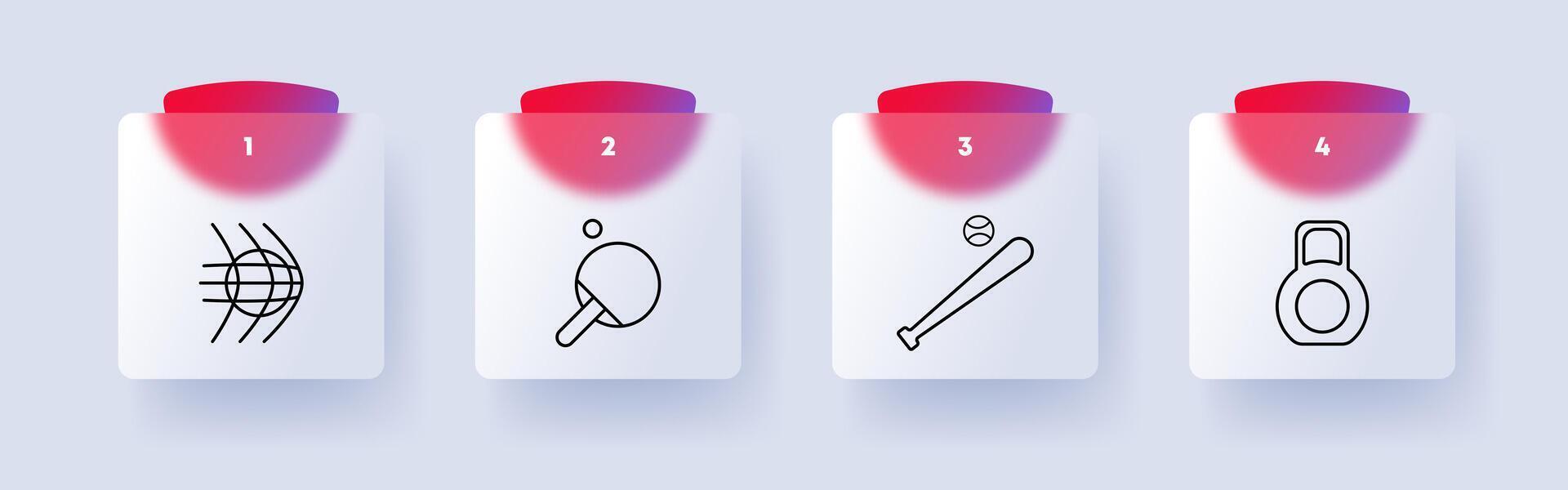 Sports set icon. Table tennis, racket, ping pong ball, net, ball, football, weights, baseball bat, game, active recreation, healthy lifestyle. Sports disciplines concept. Glassmorphism style. vector