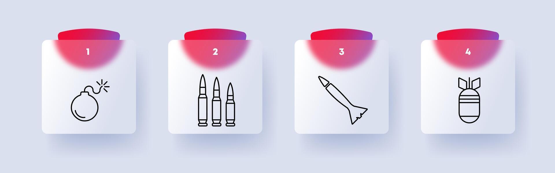 Weapons set icon. Bomb, fuse, caliber, cartridge, capsule, rocket, warhead, silhouettes, numbering. Concept of combat equipment and ammunition. Glasmorphism style. vector